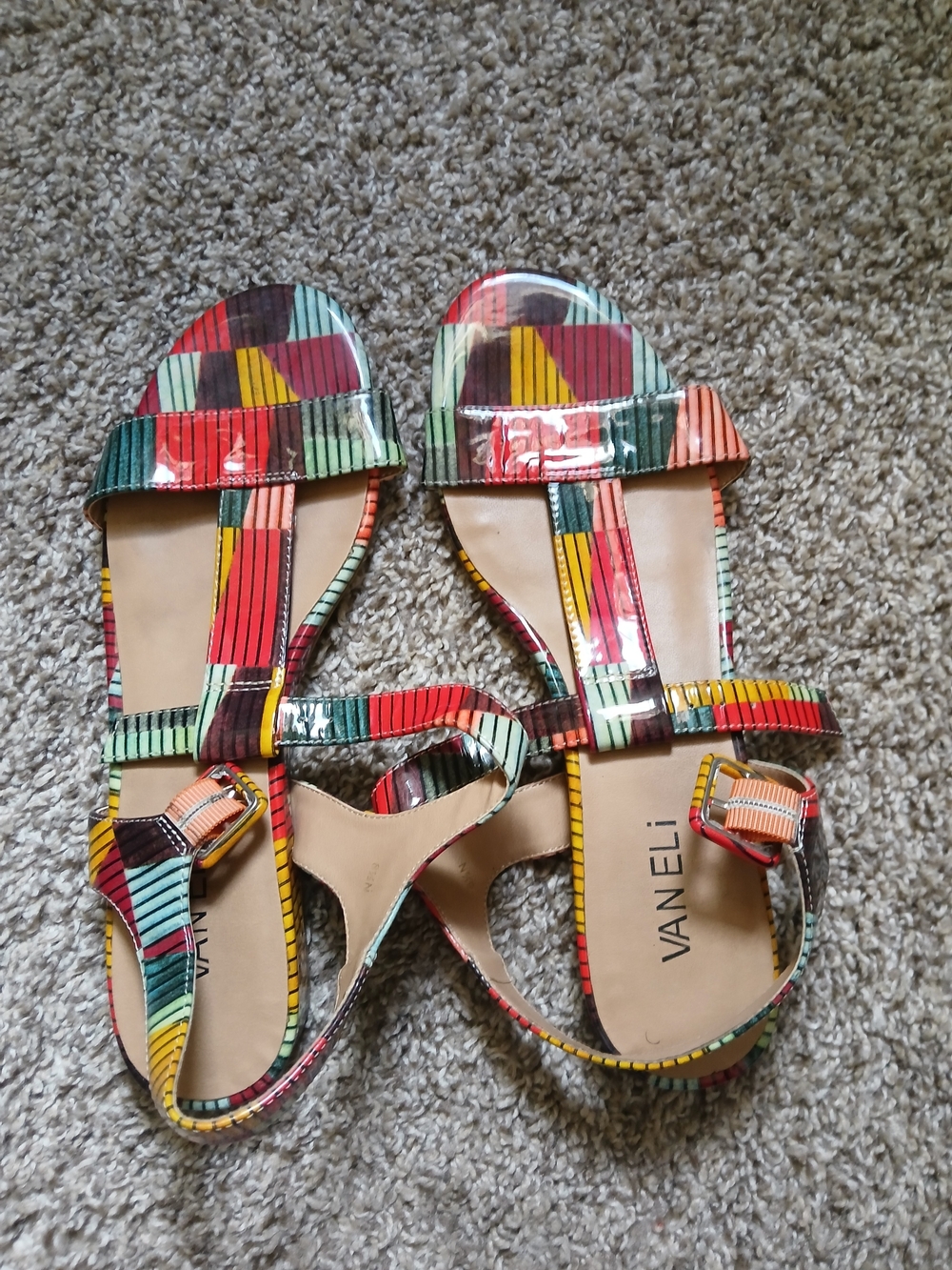Vaneli Multicolor Striped Patent Leather Open-Toe Sandals